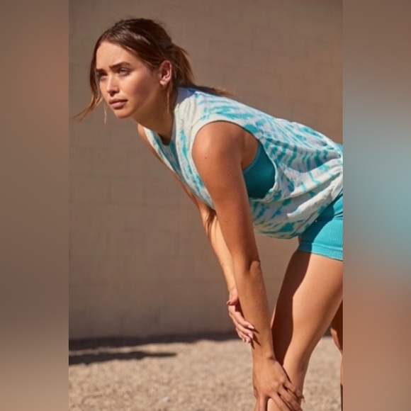 Free People Movement Love Tie Dye Cropped Tank in Turquoise Blue & White - Picture 2 of 10